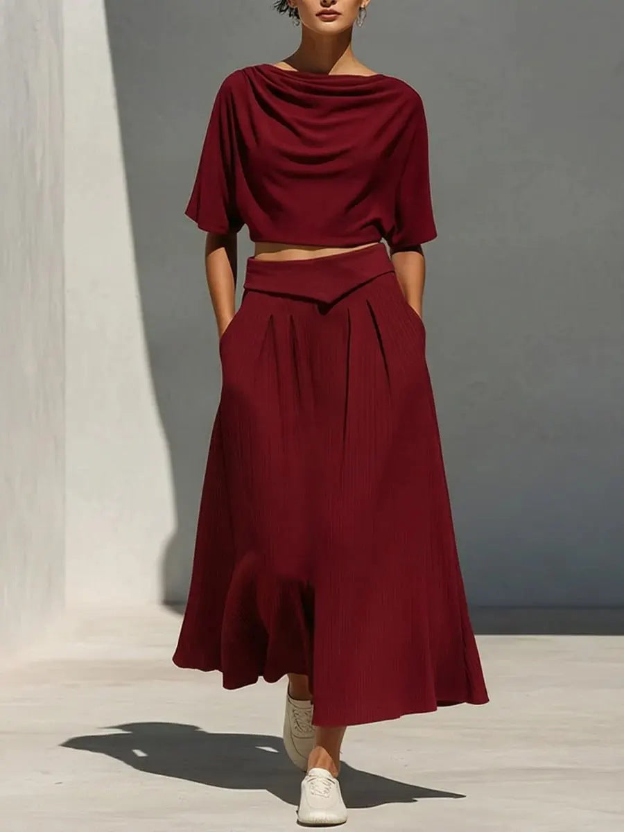 Ensemble Col Rond Manches Courtes Casual Top And Taille Haute Jupe Set