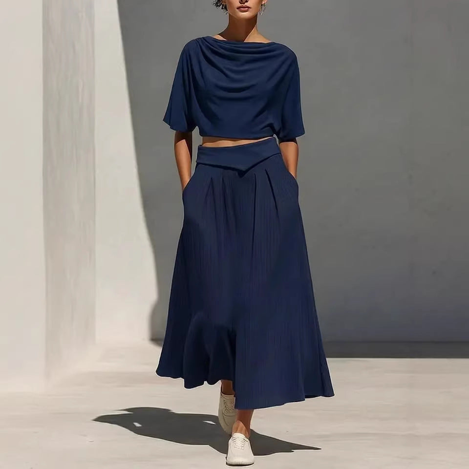 Ensemble Col Rond Manches Courtes Casual Top And Taille Haute Jupe Set