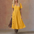 Robe femme col V manches courtes poches