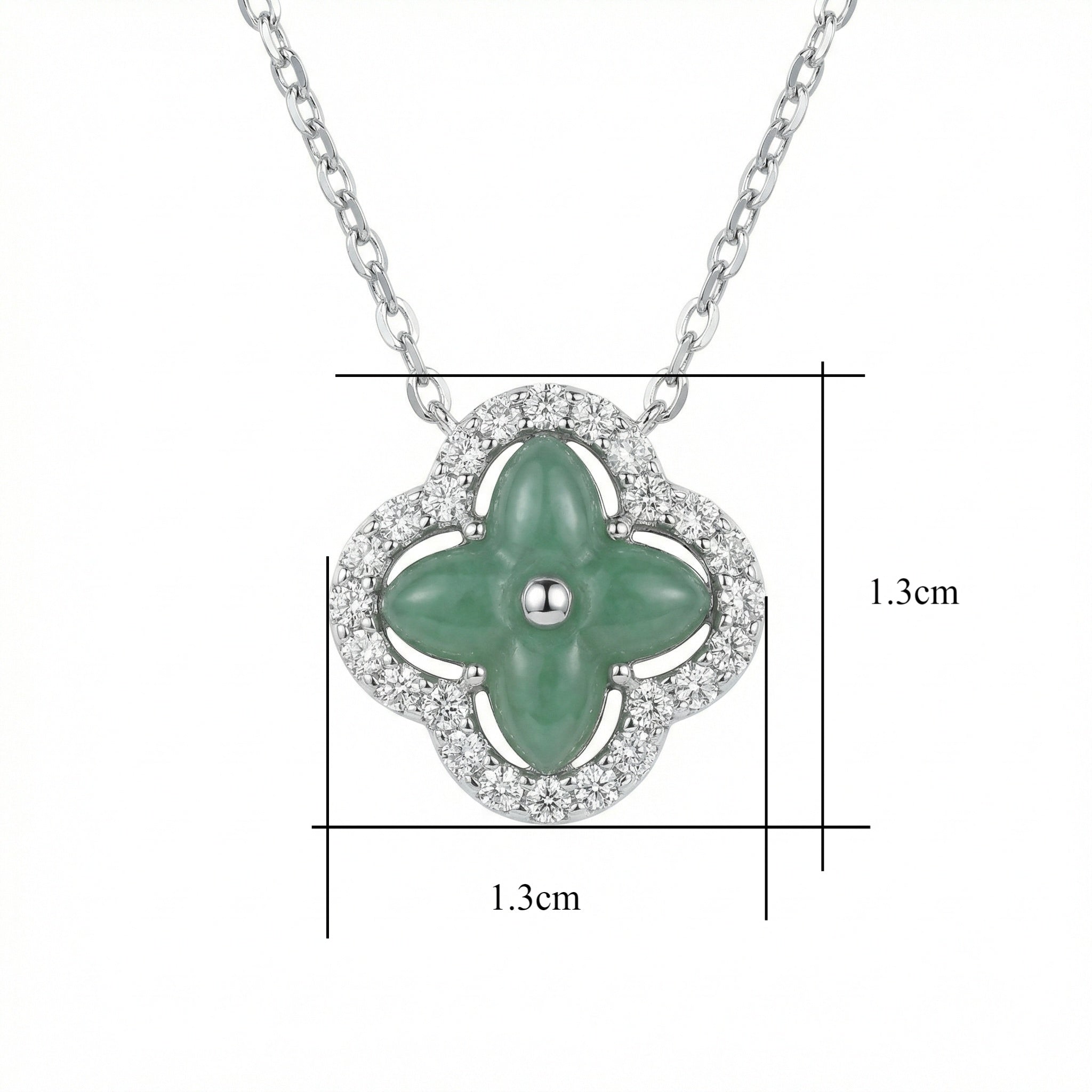 Collier pendentif trèfle quatre feuilles jade vert argent 925 avec halo diamants bijou femme porte-bonheur