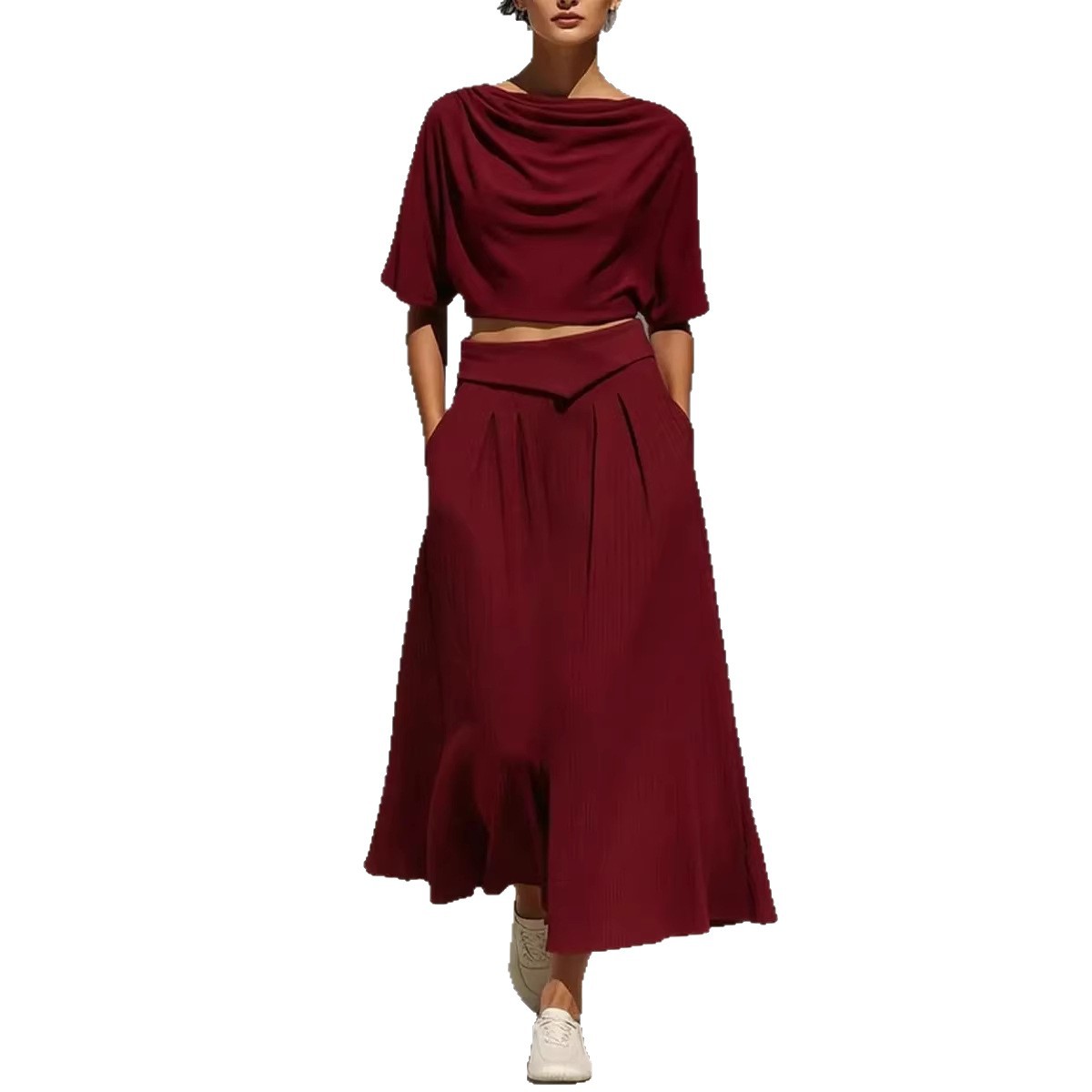 Ensemble Col Rond Manches Courtes Casual Top And Taille Haute Jupe Set