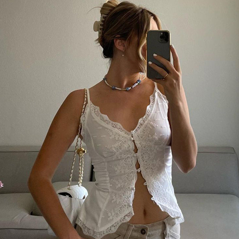 Camisole Dentelle Blanc Lacets Col V Crop Top Sexy