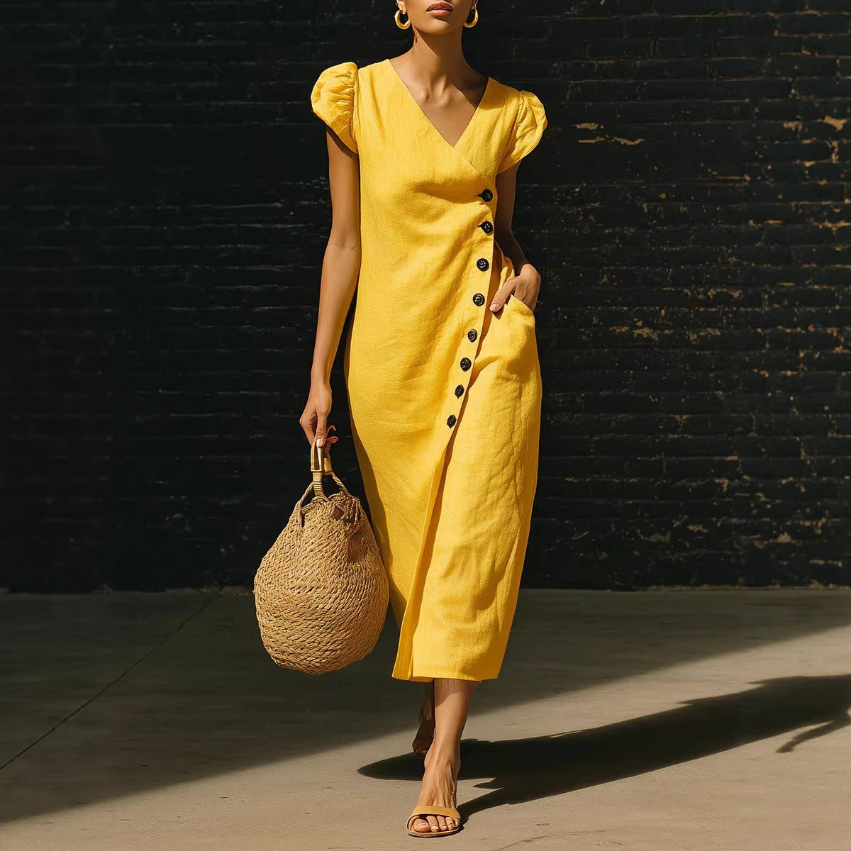 Robe femme casual col V manches courtes