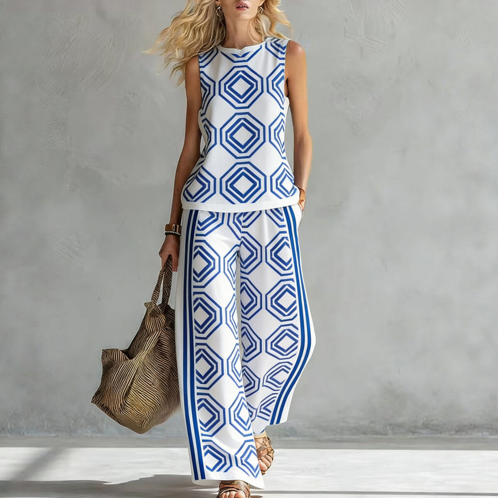 Ensemble Casual Sans Manches Imprimé Jambe Large Pants 2 Pièces Set