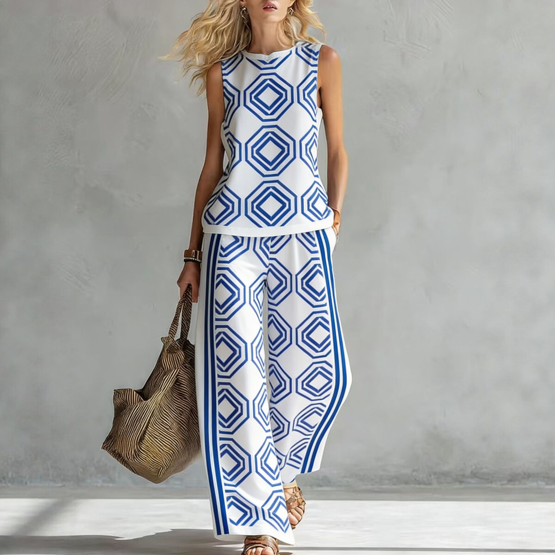 Ensemble Casual Sans Manches Imprimé Jambe Large Pants 2 Pièces Set