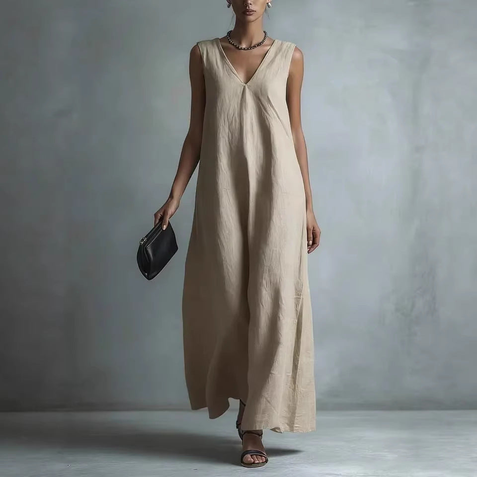 Robe Casual Encolure V Coton Lin