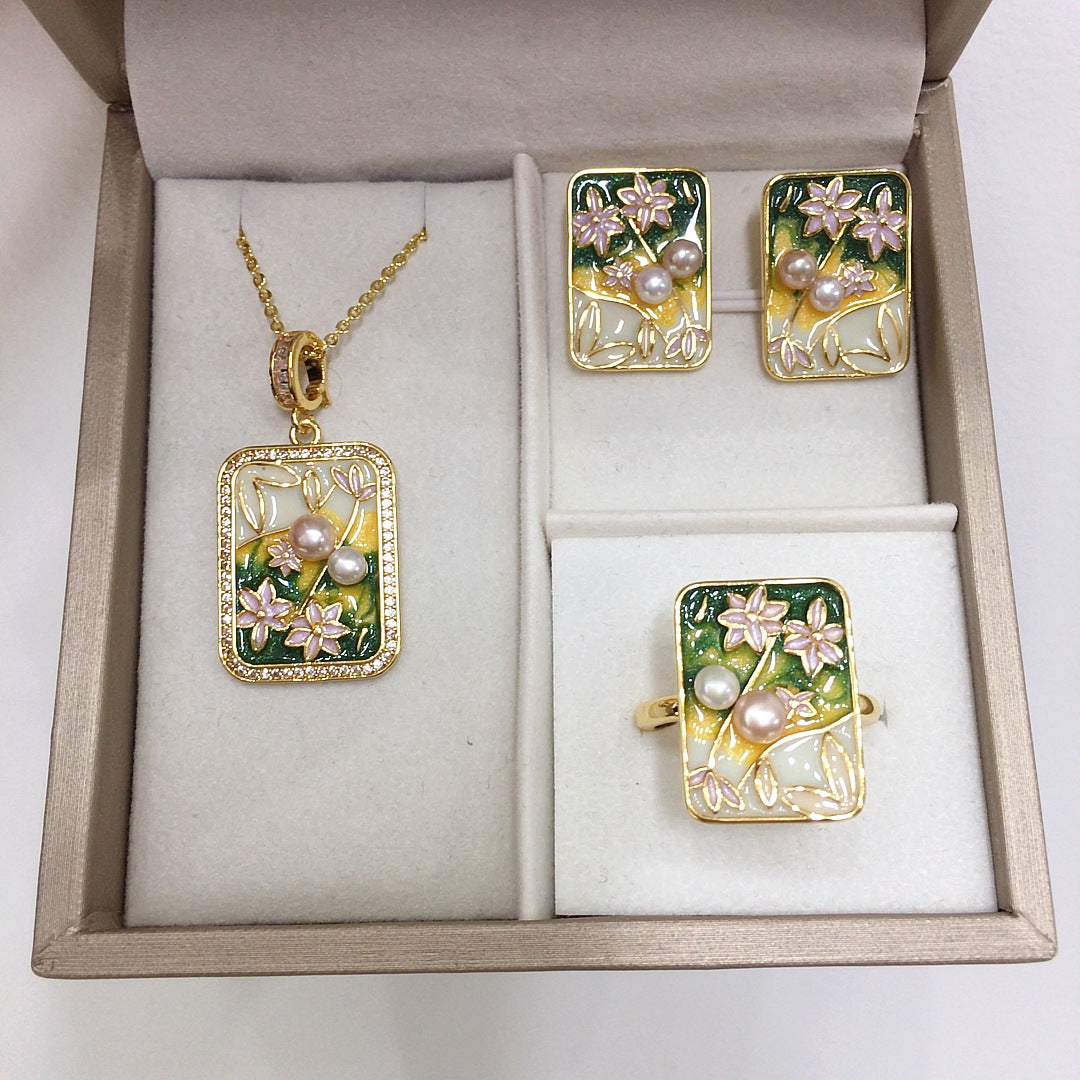 Collier pendentif style Monet avec perle d'eau douce naturelle et design peinture ancienne artistique