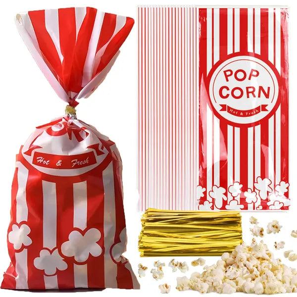 300 Pcs Plastic Popcorn Bags With Twist Ties Pop Corn Party Sleeves Snack Con...