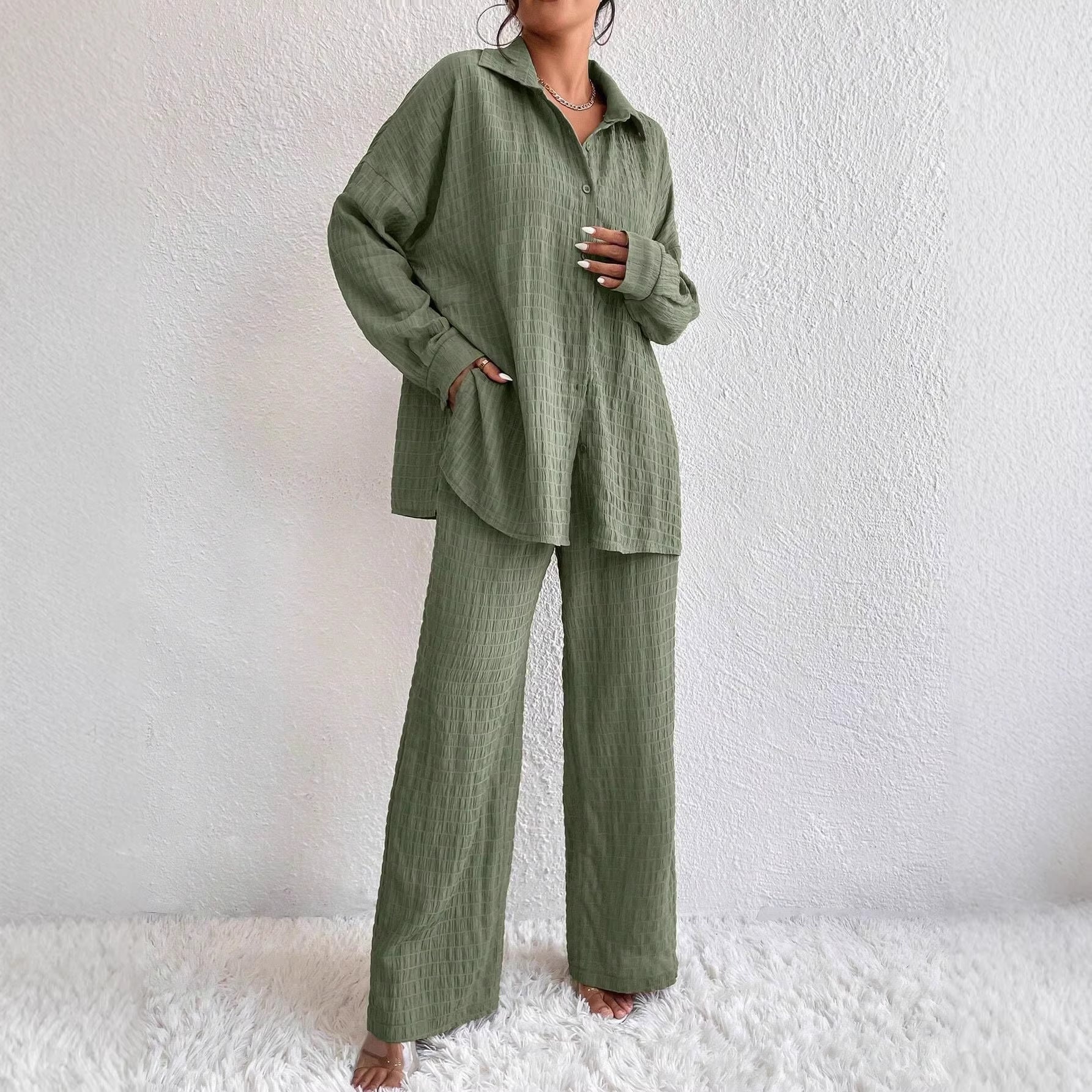 Ensemble Été New European And American Style Pleated Long-Sleeve Lapel Loose Two