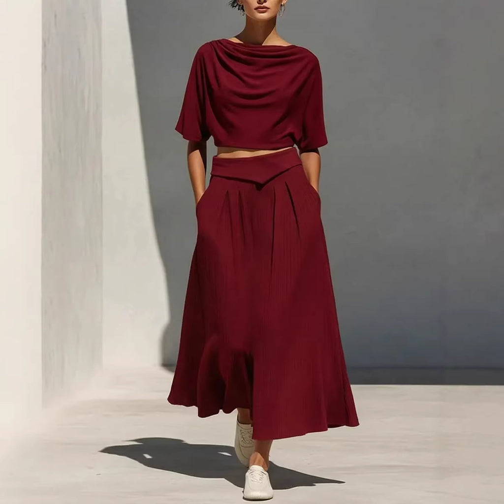 Ensemble Col Rond Manches Courtes Casual Top And Taille Haute Jupe Set