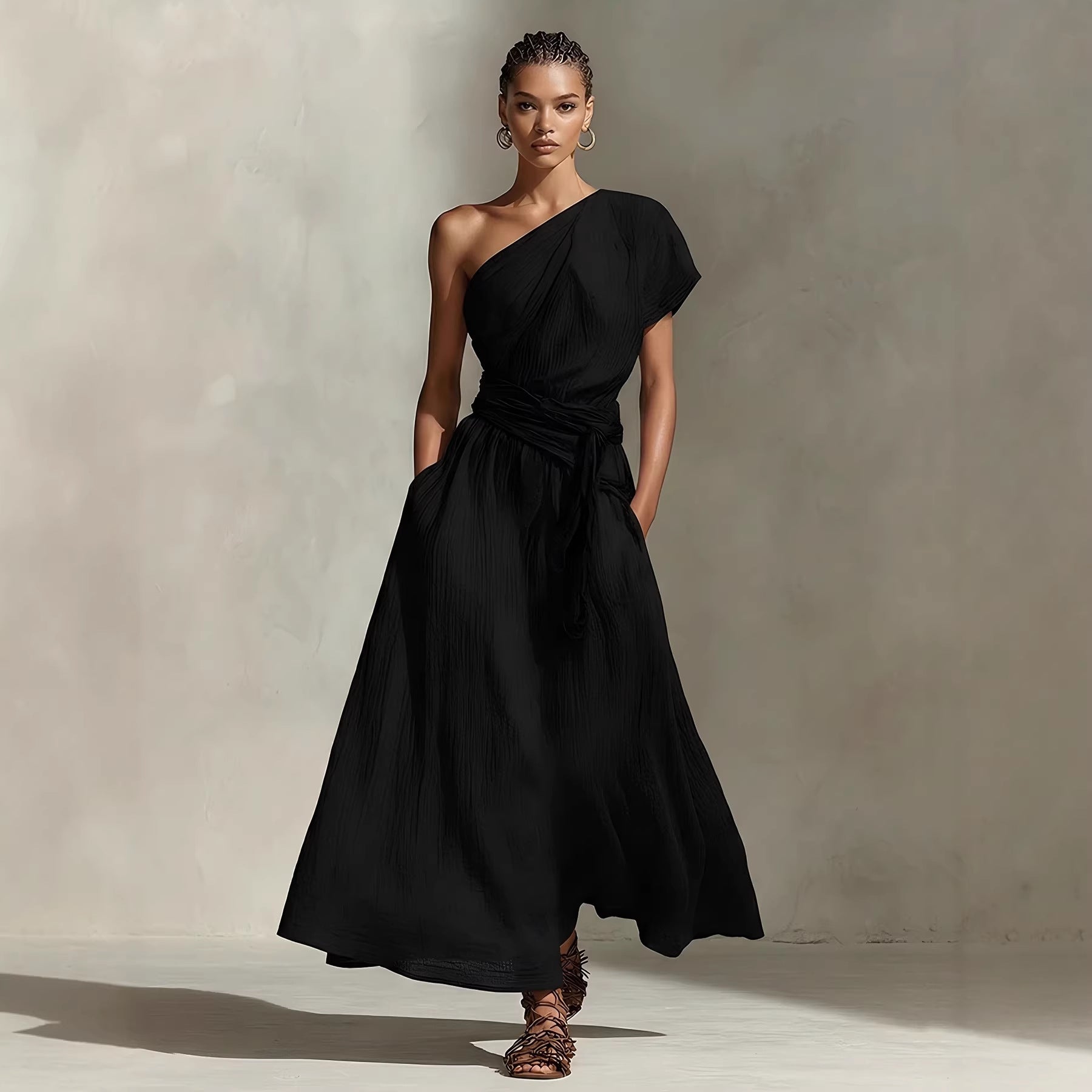 Robe Longue Asymétrique Nœud Taille