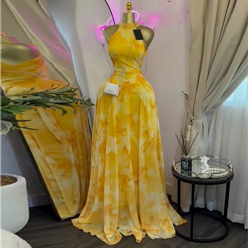 Robe Maxi Col Montant Cintrée Taille Haute Portefeuille