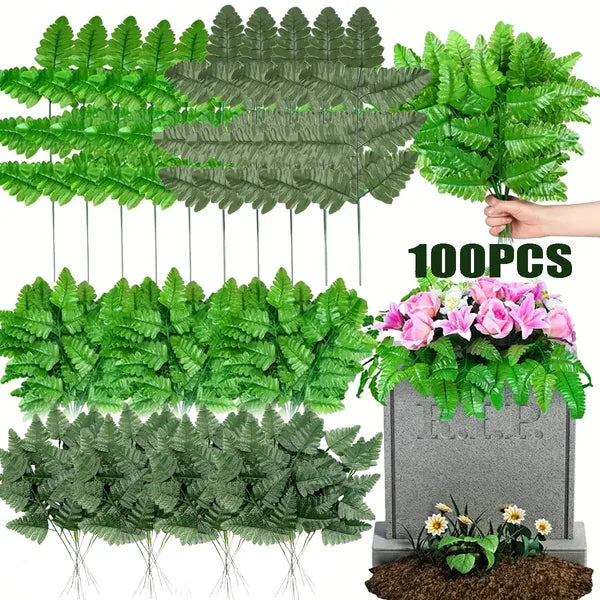 100 Pcs Artificial Silk Leaf Fern Artificial Greenery Stems Cemetery 15.75 In...