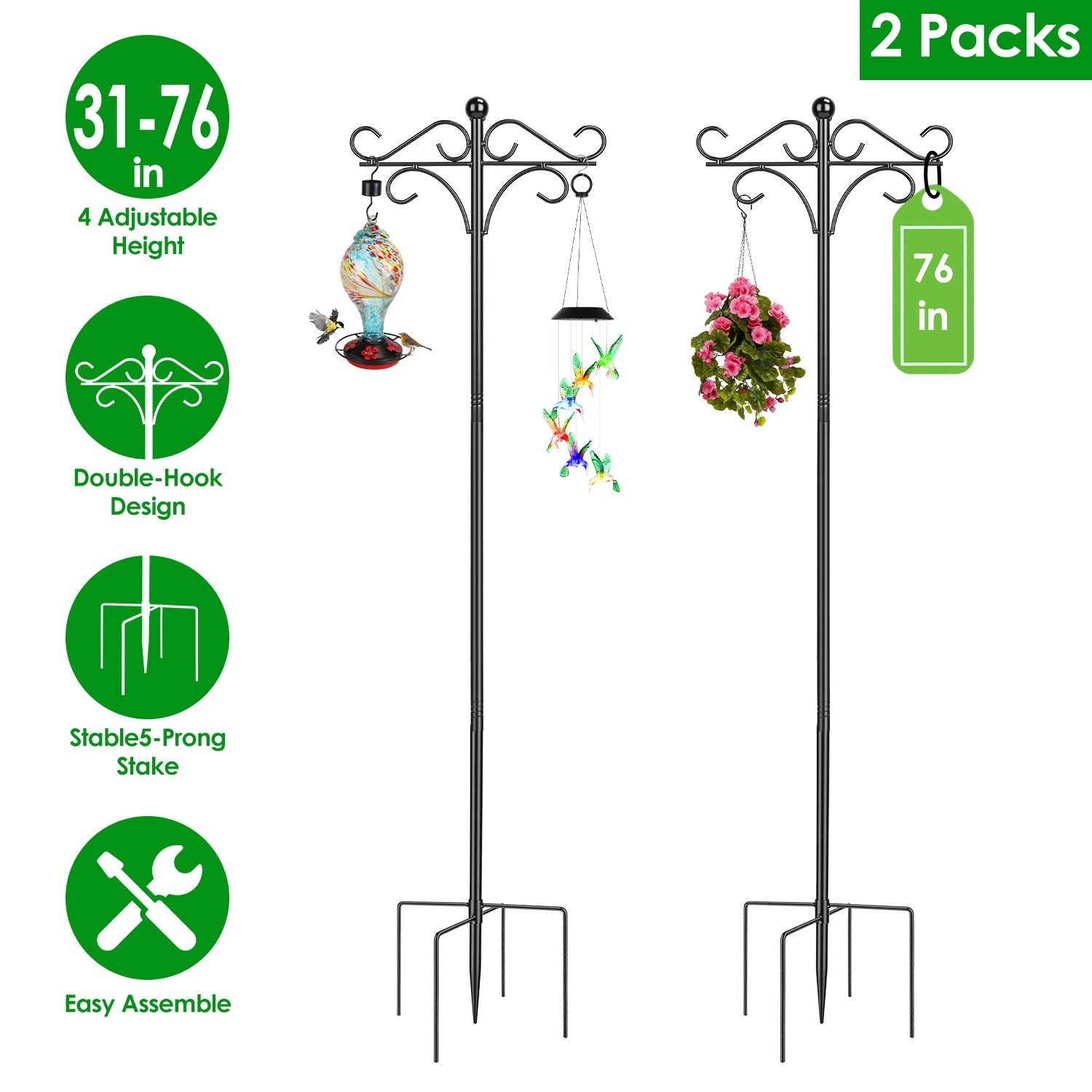 2 Packs Heavy Duty Double Shepherds Hook Bird Feeder Pole Garden Hanging Hold...