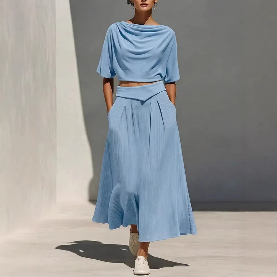 Ensemble Col Rond Manches Courtes Casual Top And Taille Haute Jupe Set